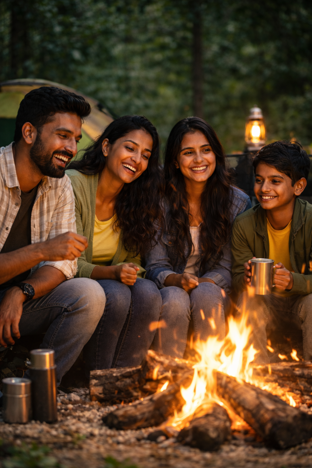 South Indian family enjoying a cozy campfire evening at Madhuvana Retreat Home Stay near Sringeri and Agumbe surrounded by forest nature