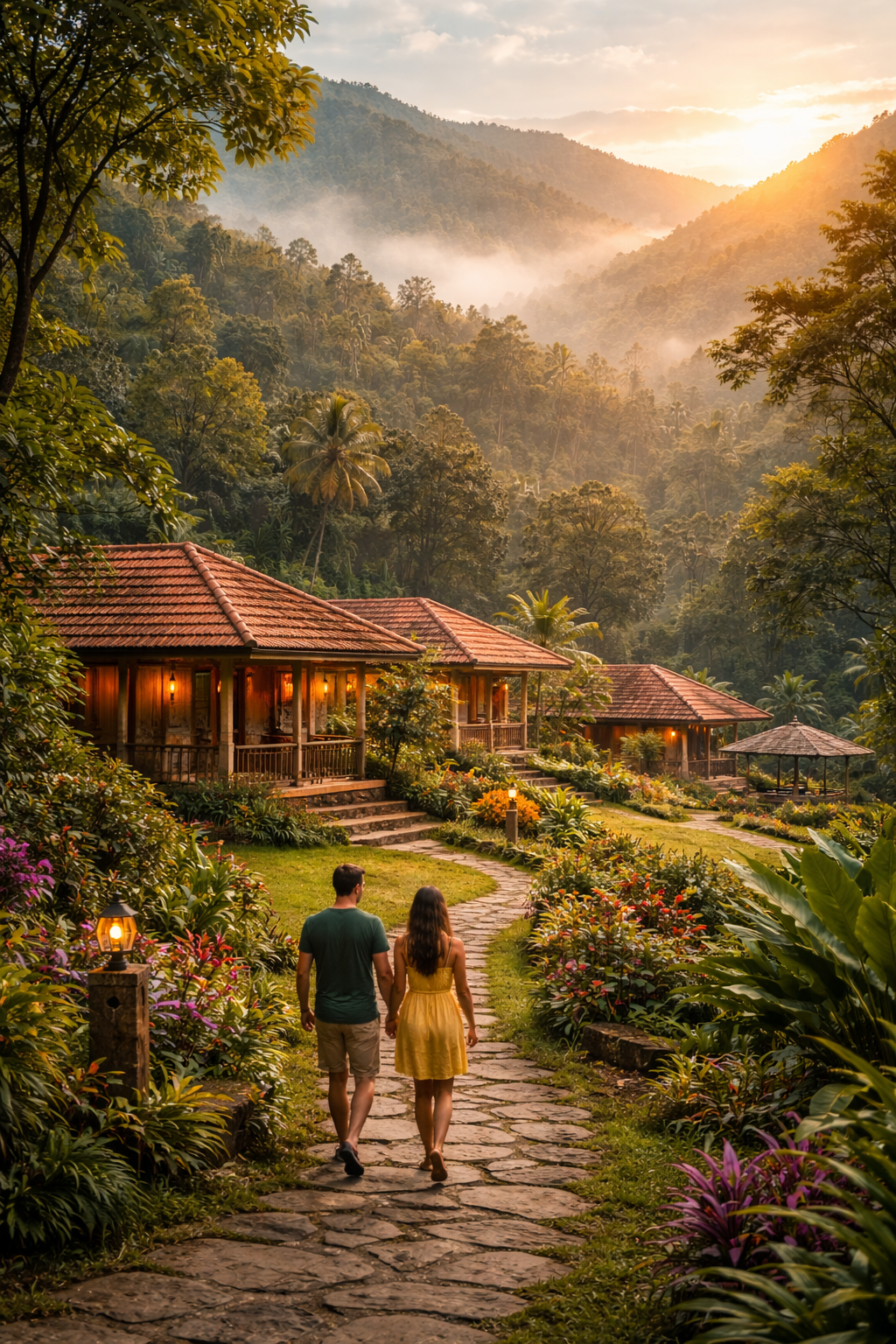 Hill view cottages surrounded by lush Western Ghats greenery at Madhuvana Retreat homestay near Sringeri and Agumbe