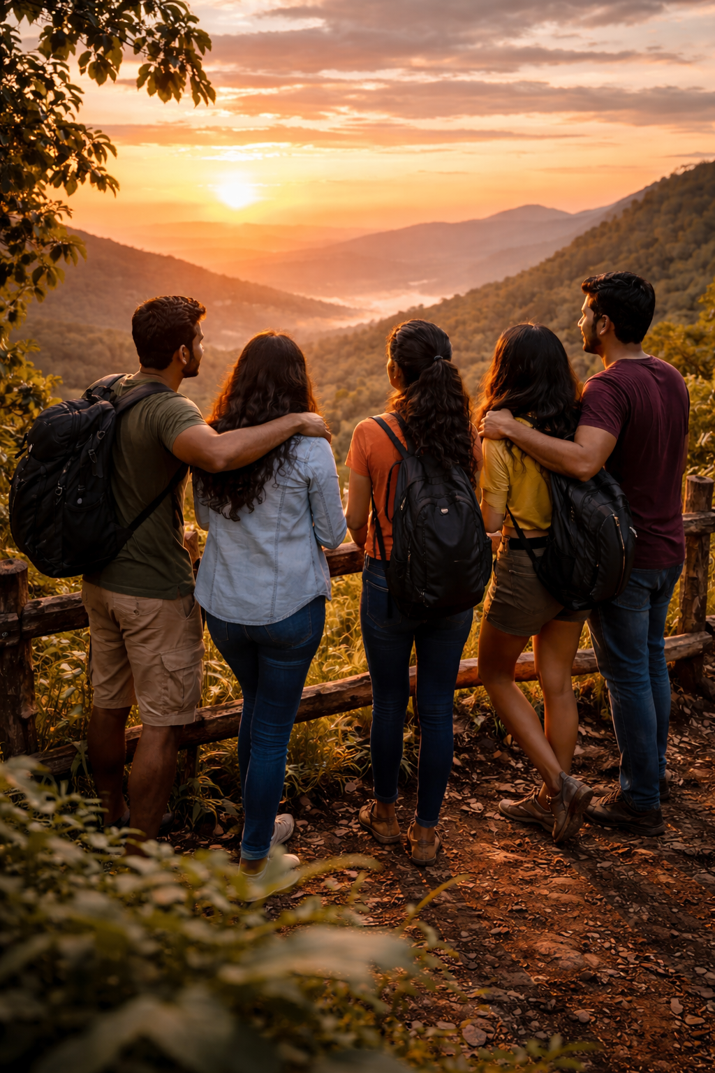 Group of South Indian friends enjoying sunset from a hill viewpoint near Agumbe and Sringeri at Madhuvana Retreat Home Stay