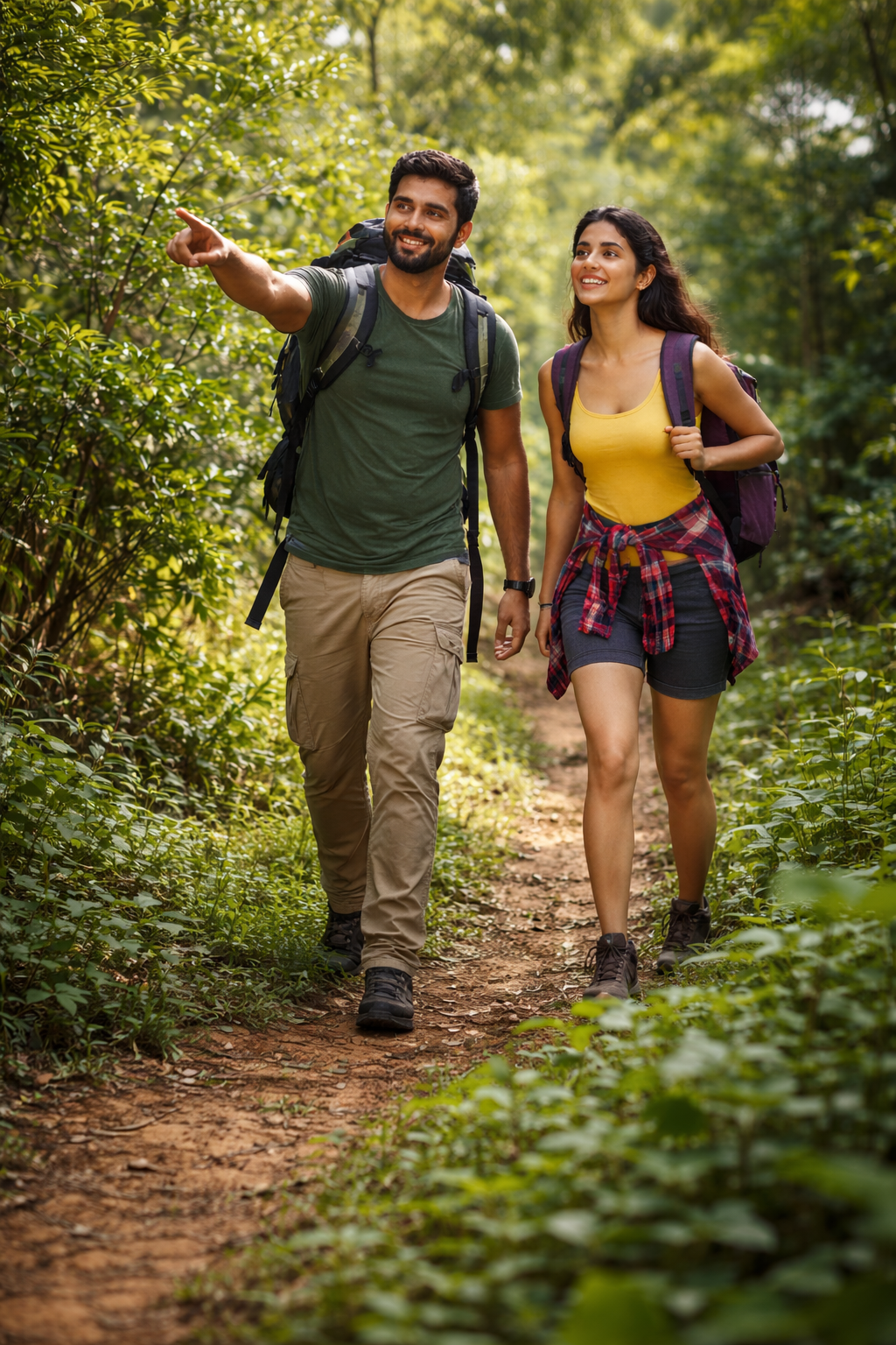 South Indian couple trekking through a lush green forest trail near Sringeri and Agumbe, enjoying nature walk at Madhuvana Retreat Home Stay